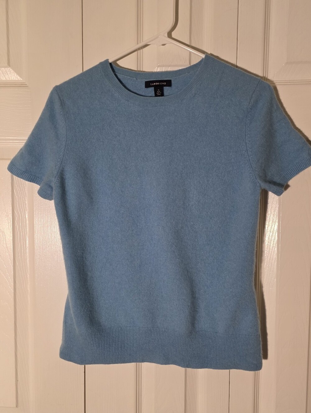 Lands' End 100% Casere Sky Blue Short Sleeve Crewneck Sweater Medium